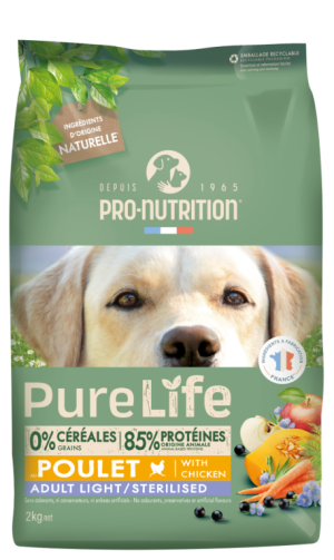Pure Life Dog Adult Light&Sterlised Chicken 2 kg - Пълноценна храна за пораснали кастрирани кучета с пиле, без зърнени култури, без глутен, с 85% животински протеин. Подходяща и за чувствителни кучета. Произведена във Франция.
