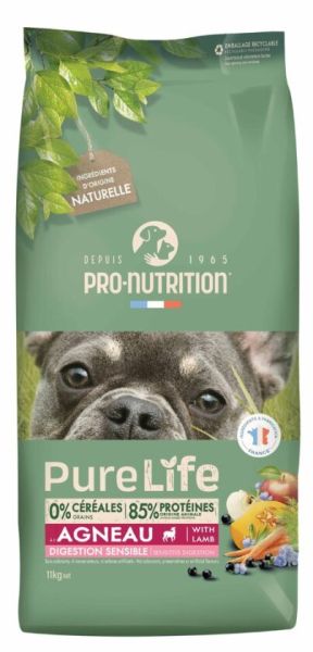 Pure Life Dog ADULT with Lamb 11 кг - Пълноценна храна за пораснали кучета С ЧУВСТВИТЕЛНО ХРАНОСМИЛАНЕ, с АГНЕ. Подходяща за кучета от всички породи на възраст над 1 година. Без зърно, без глутен. Произведена във Франция.