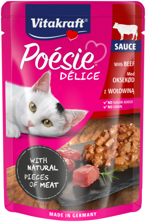 Паучове за котки - вкусен сос с истински парченца говеждо месо 85 г - Vitakraft POESIE Pouch