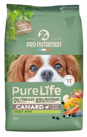 Pure Life Dog ADULT MINI with DUCK 8 кг - Пълноценна храна за пораснали кучета от дребни породи на възраст над 10 месеца и с тегло под 10 кг, с ПАТИЦА. Без зърно, без глутен. Произведена във Франция.
